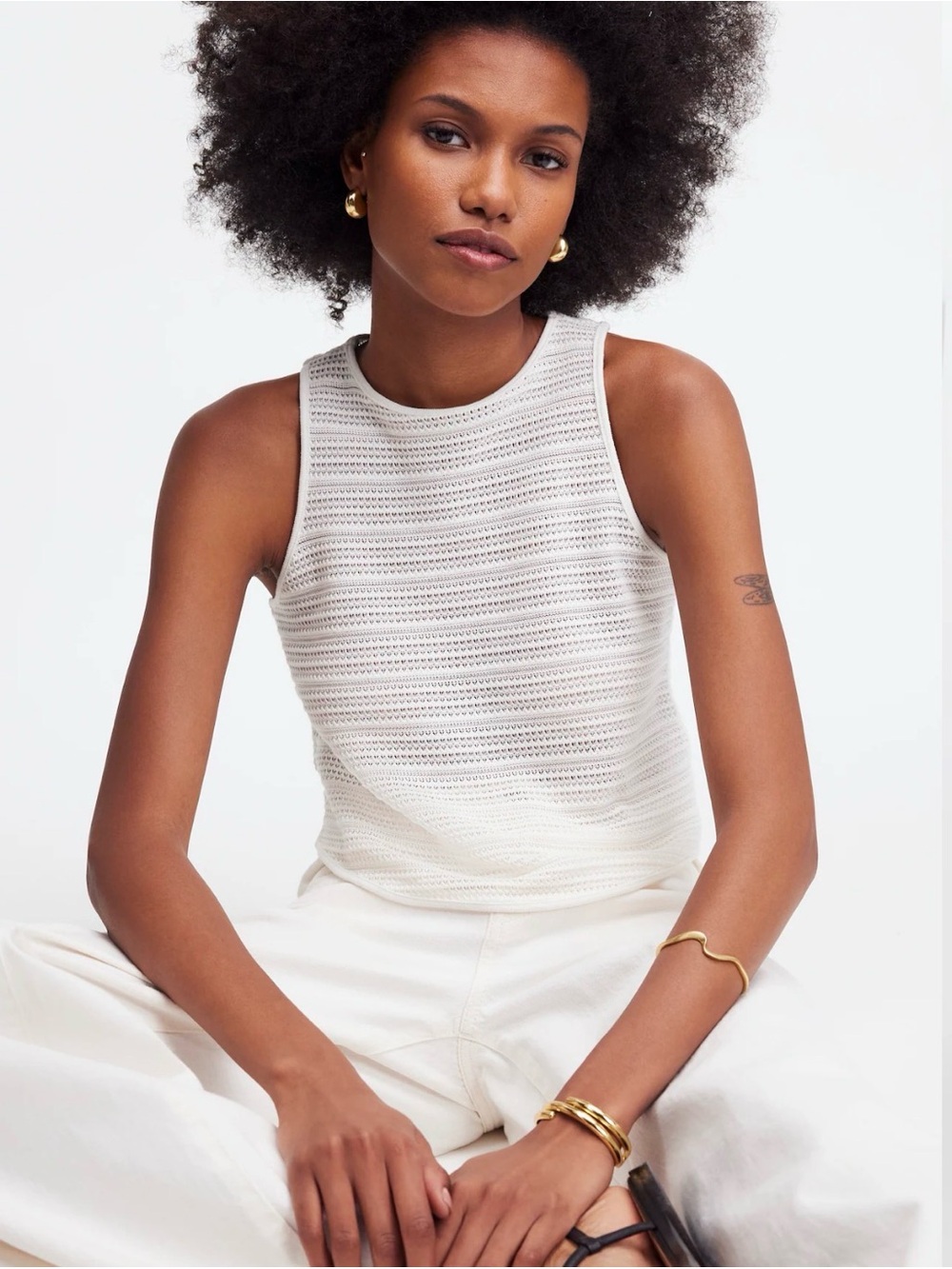 Madewell Womens White Crochet-Knit Cutaway Tank